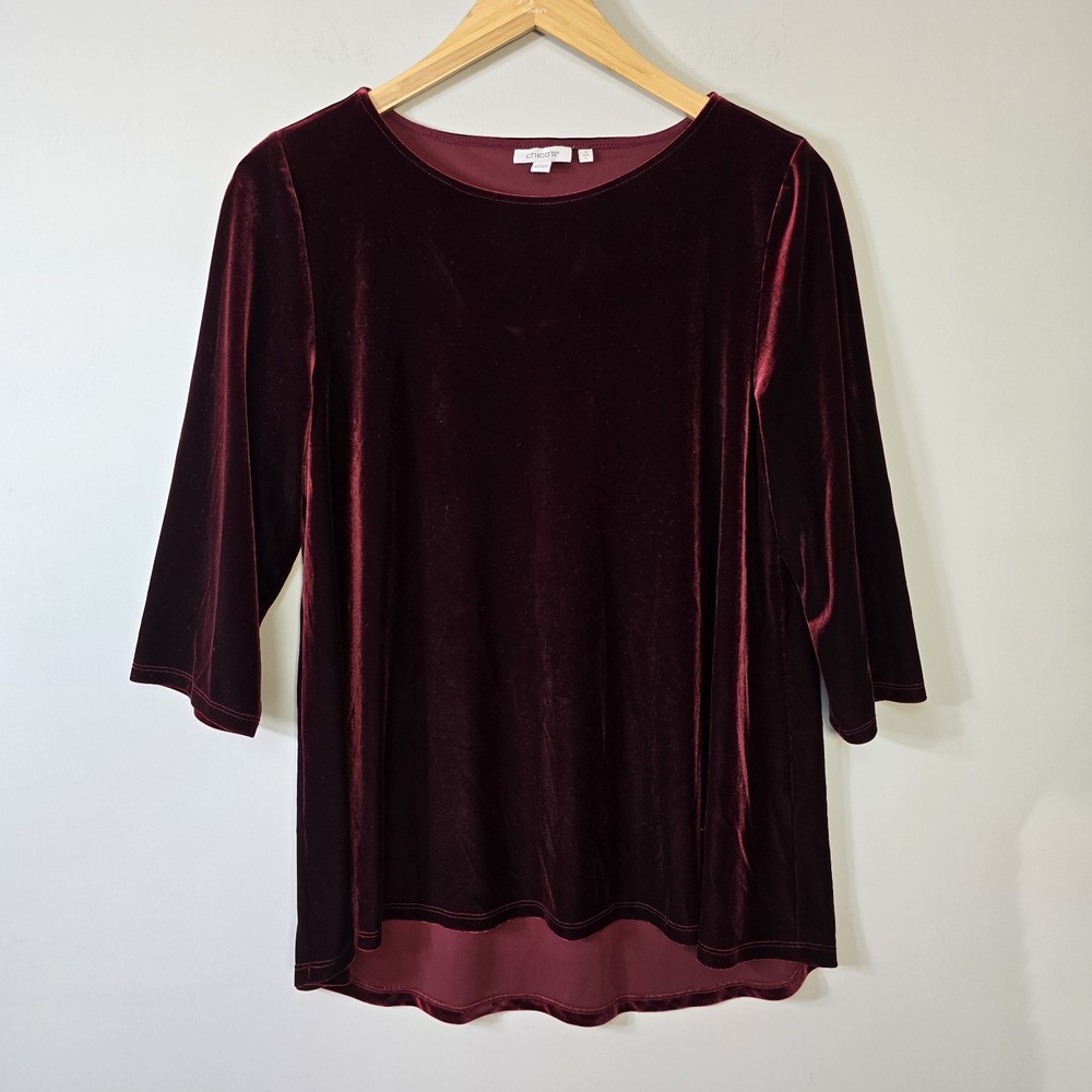 Chicos Deep Burgundy Red Velvet Tunic Top Size 2 L 3/4 Sleeve A-Line Holiday